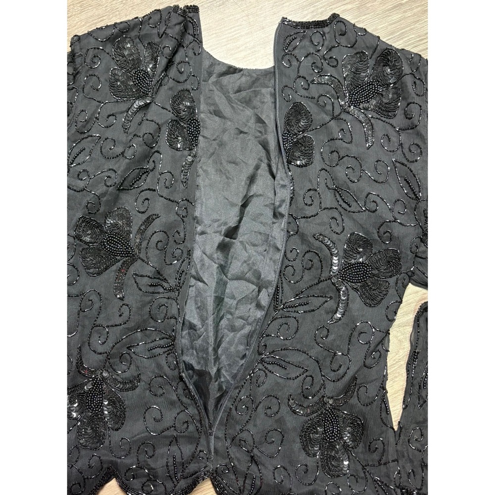 Stenay Vintage Black Silk Beaded Sequin Floral Long Sleeve Blouse Scallop Hem S - Picture 4 of 8